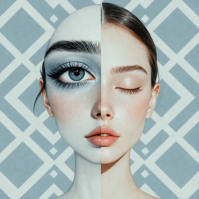 The image features a woman with two different colored eyes, one blue and one grey. She is wearing makeup and has her eyes closed. The woman is the primary subject of the image, and she is the focal point of the scene. The setting is a blue background, which adds to the overall atmosphere of the image. The visual style is a combination of photo and digital art, creating a unique and eye-catching representation of the woman.